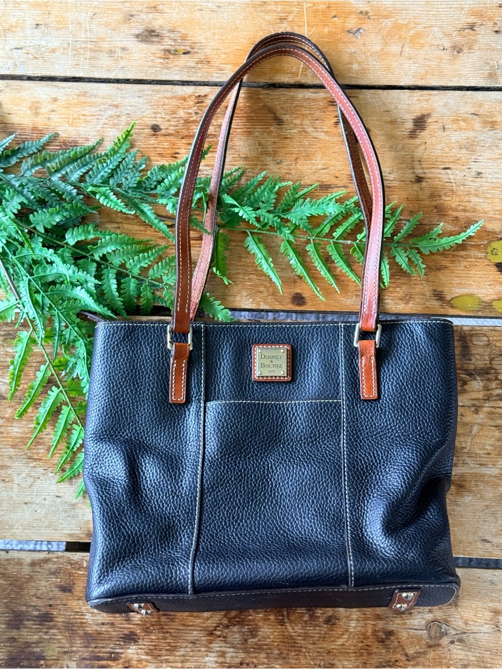 Dooney & Bourke Black Pebbled Leather Shoulder Tote with Brown Handles